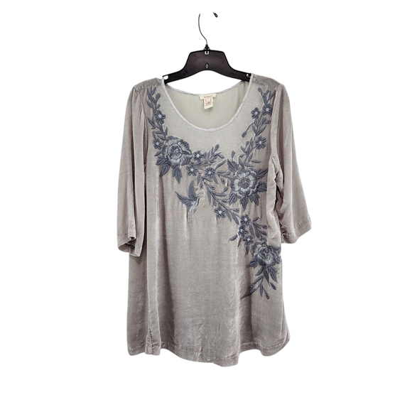 Sundance Women's Sylvana Velvet Embroidered Floral Half Sleeve Gray Top Sz S - Picture 1 of 7